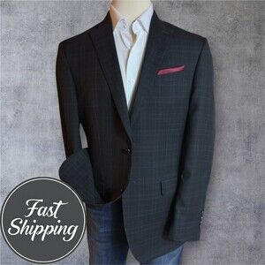 Jos. A. Bank Men’s 42L Gray Wool Blazer Sport Coat Glen Plaid 2 Button Jacket